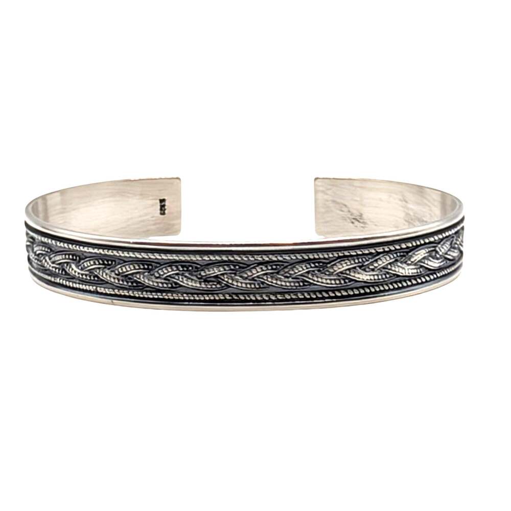 925 Sterling Silver Celtic Braid Texturized Oxidized Cuff Bracelet 18.5g
